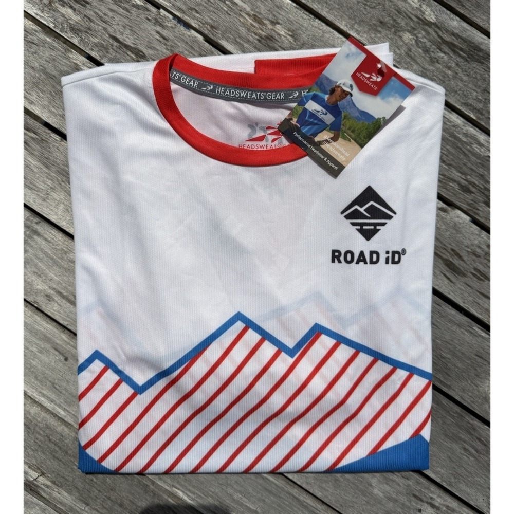Headsweats Road ID Mens Performance Shirt Red White Blue Mountain Graphic S NWT